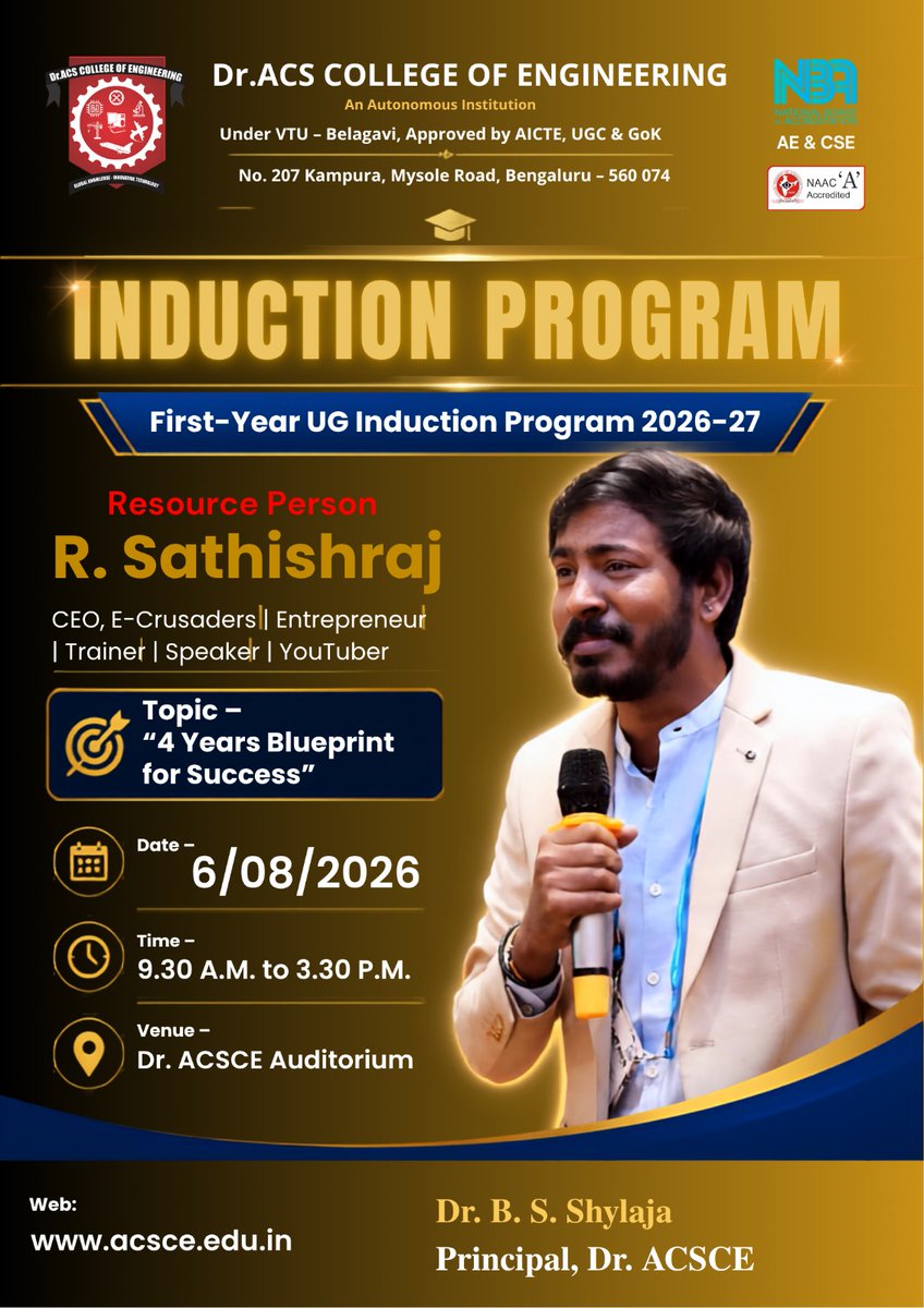 acscebangalore's tweet photo. 🎓✨ #InductionProgram2026 at #DrACSCE welcomes Mr. R. Sathishraj for #4YearsBlueprintForSuccess. Build the right mindset, set goals &amp; shape your future! 🚀📚 #DrACSCE #FirstYearUG #StudentInduction #CareerDevelopment #FutureEngineers #AcademicExcellence https://t.co/t33jliAAdz