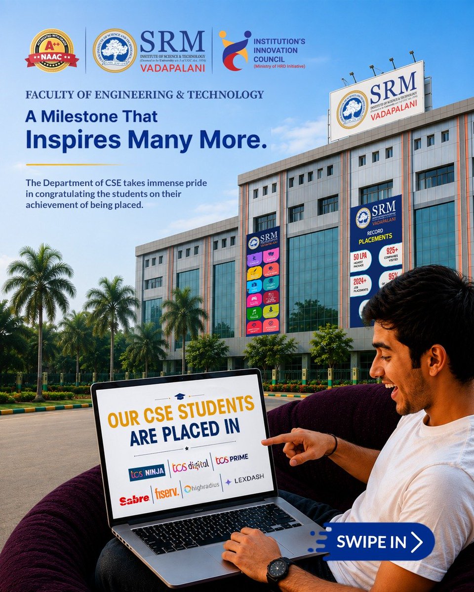 srmvdp_campus's tweet photo. We congratulate the Department of Computer Science and Engineering, Batch 2023–2027, SRMIST Vadapalani, on securing placements with leading multinational companies. Wishing our students continued success in their professional journey. #SRMVadapalani #CSE #CampusPlacements https://t.co/f5GcjCMi9y