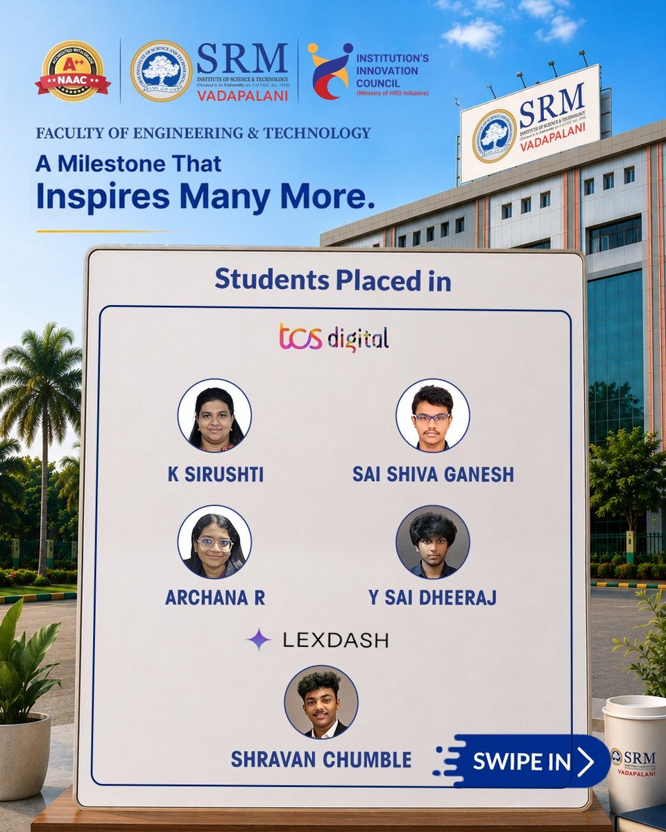 srmvdp_campus's tweet photo. We congratulate the Department of Computer Science and Engineering, Batch 2023–2027, SRMIST Vadapalani, on securing placements with leading multinational companies. Wishing our students continued success in their professional journey. #SRMVadapalani #CSE #CampusPlacements https://t.co/f5GcjCMi9y