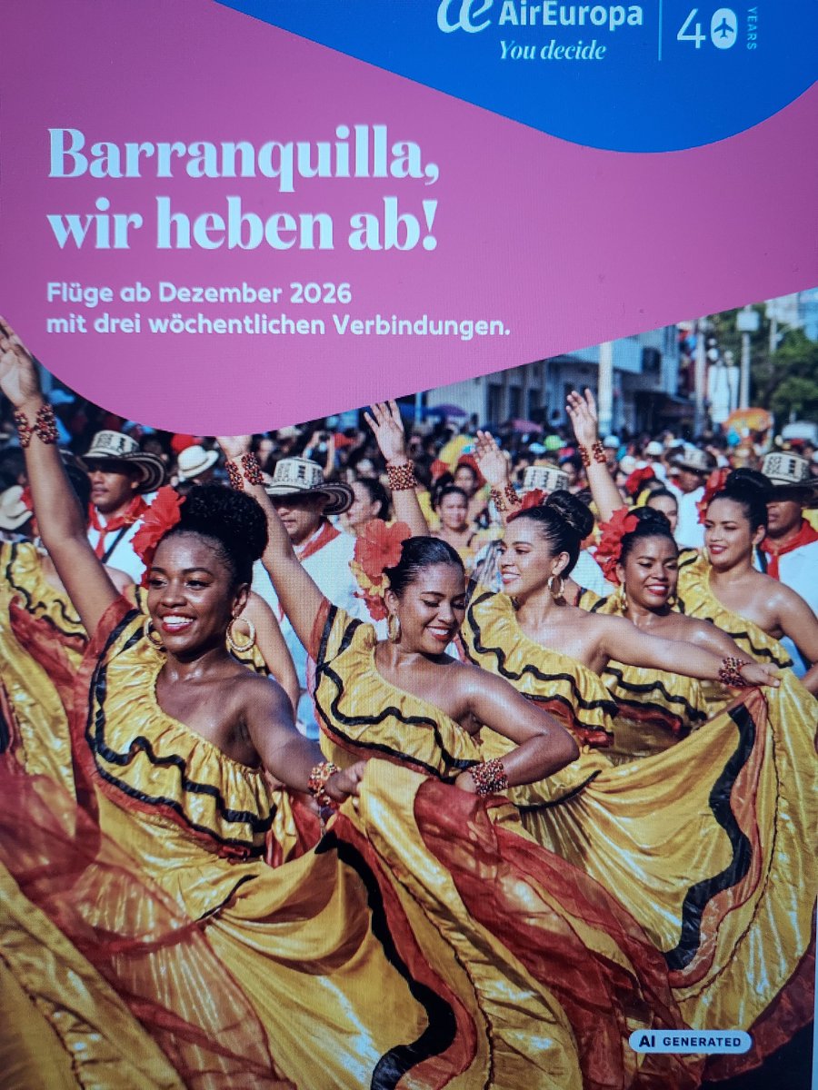 flugservice's tweet photo. Air Europa fliegt  nach Barranquilla, Kolumbiens Karibikmetropole!
Flüge ab Dezember 2026 mit drei wöchentlichen Verbindungen.
Barranquilla ist pulsierende Karibikmetropole voller Energie und Lebensfreude. Hier trifft der gewaltige Río Magdalena direkt auf das karibische Meer. https://t.co/7qUJlmIQy2