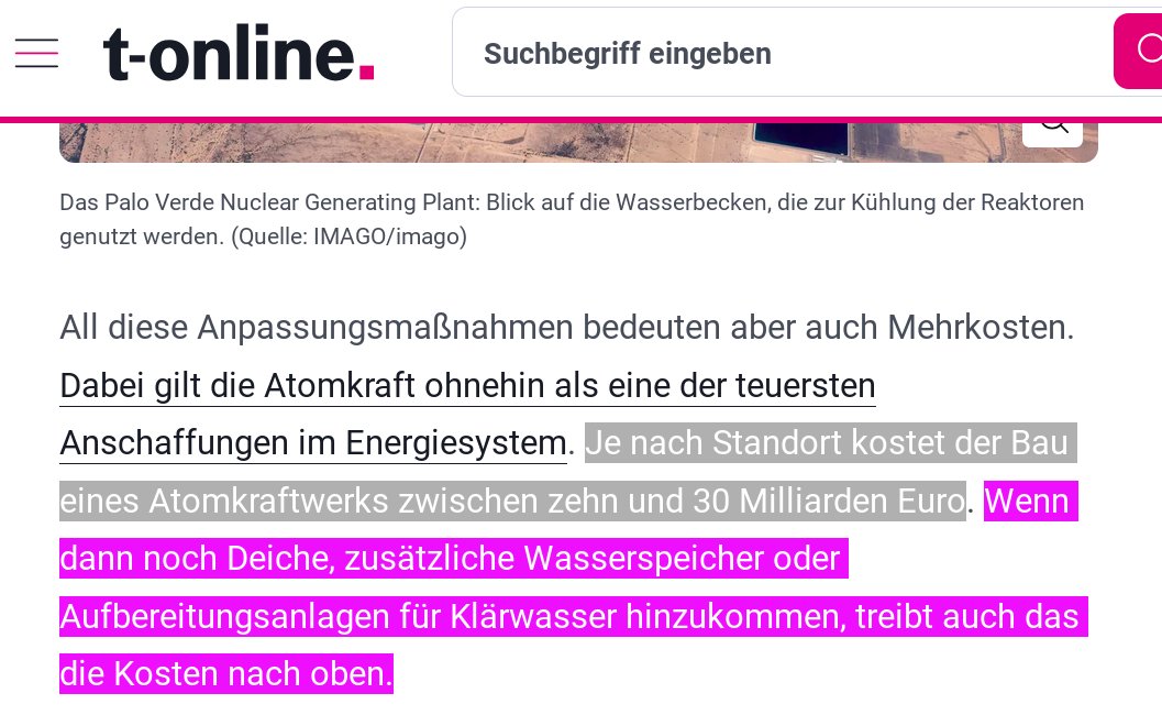 personenprofil's tweet photo. @Elektronews @CSU "billiger" #Atomstrom
"Je nach Standort kostet der Bau eines Atomkraftwerks zwischen zehn und 30 Milliarden Euro Wenn dann noch Deiche, zusätzliche Wasserspeicher oder Aufbereitungsanlagen für Klärwasser hinzukommen, treibt auch das die Kosten nach oben"
https://t.co/igYUBHQvdd https://t.co/Xsku3fst5j