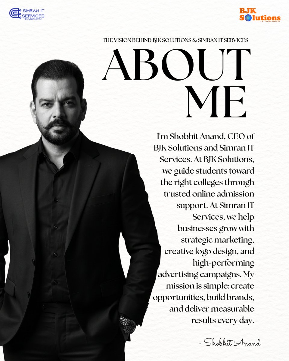 AnandShobhit's tweet photo. THE VISION BEHIND BJK SOLUTIONS &amp; SIMRAN IT SERVICES. About Me

https://t.co/gQYYwJNe5v 

#StayMotivated #ProfessionalGrowth #Inspiration #Success #ShobhitAnand #TrendingNow #Trending #marketwisdom https://t.co/nRrA6xyBYM