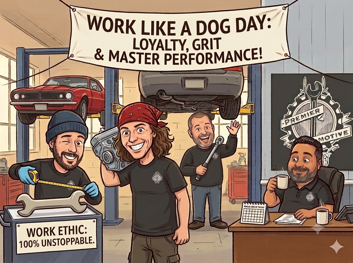 Premierauto1991's tweet photo. 🐕 Happy #WorkLikeADogDay! Our crew brings loyalty, hard work, and precision to every repair. No shortcuts—just honest service to keep your ride running strong. 🛠️🚗 #PremierAutomotive https://t.co/iskNOoEIhi