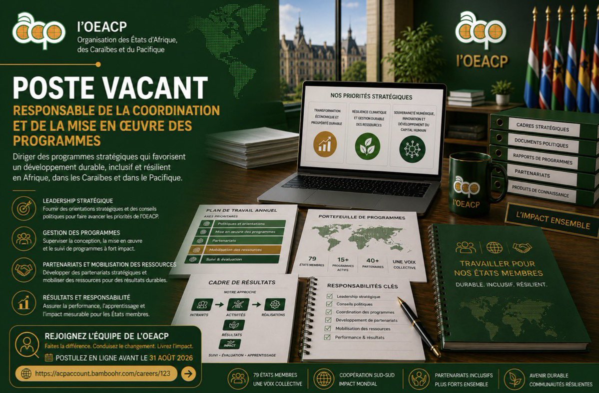 PressACP's tweet photo. 🔔 𝐍𝐨𝐮𝐯𝐞𝐥𝐥𝐞 𝐨𝐩𝐩𝐨𝐫𝐭𝐮𝐧𝐢𝐭é à 𝐥’𝐎𝐄𝐀𝐂𝐏

Postulez ici ➡️ https://t.co/zPuESGz4Y8

Poste à pourvoir : Responsable de la coordination et de la mise en œuvre des programmes

Lieu : Bruxelles, Belgique 🇧🇪

#OEACP #Recrutement #Carrières https://t.co/Wv02dXKu2S