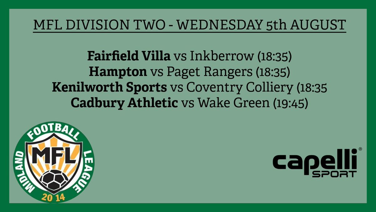 MidlandLeague's tweet photo. PREVIEW: Action across three of our divisions this evening, as @CradleyTown_FC host @NorthfieldTown in the sole game in Division One, the two promoted teams in @FcKenilworth and @CollieryFc face off against each other, and @afcbalsall get their campaign underway against @AFFCmens1sts!

#MFL @capellisport