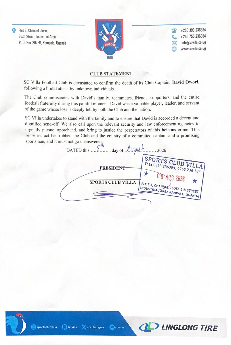SCVillaJogoo's tweet photo. CLUB STATEMENT

Our hearts are broken.

SC Villa mourns the tragic passing of our beloved captain, David Owori, following a brutal attack.

We have lost more than a player—we have lost a leader, brother and friend.

Our deepest prayers are with his family. Rest well, Captain. 💔 https://t.co/XTy4sdBoID