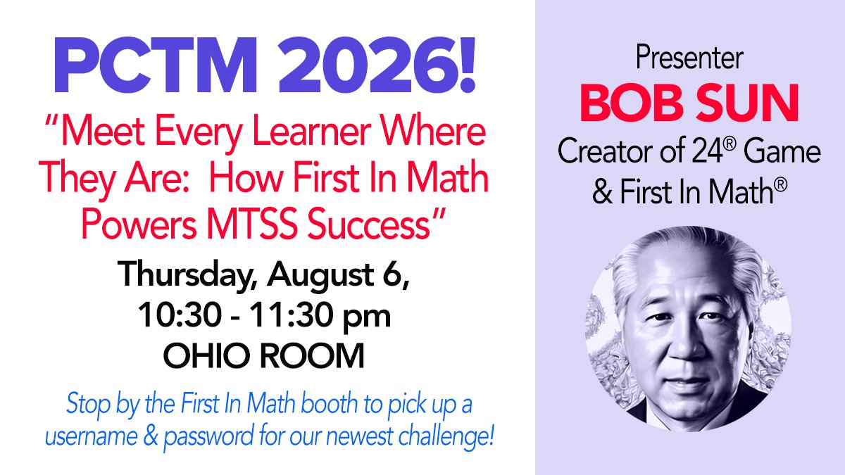 FirstInMath's tweet photo. At #PCTM2026 in Pittsburgh to connect w/teachers across Pennsylvania!! Join @RobertSun24 session 10:30-Ohio Room-8/6 "Meet Every Learner Where They Are: How First In Math Powers MTSS Success" @PCTMpctm @Mrs_Kling_Tech @PADeptofEd @FirstInMath @24game @SenMcCormickPA #Math #EdTech https://t.co/l8e1xnrLc9