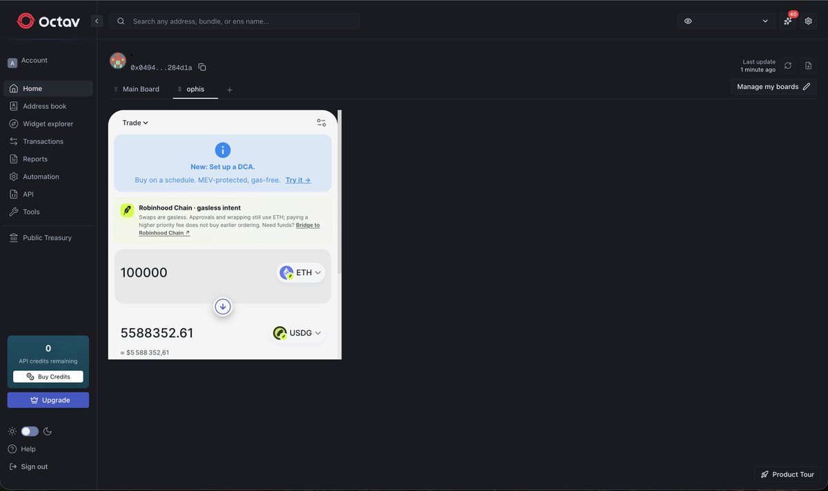 ophisfi's tweet photo. Swap tokens without leaving @OctavFi interface. All your data, trading, and tools in one single place. Supporting 13 EVM chains, gasless, MEV-protected with the lowest fees. https://t.co/FEj3YPSwak
