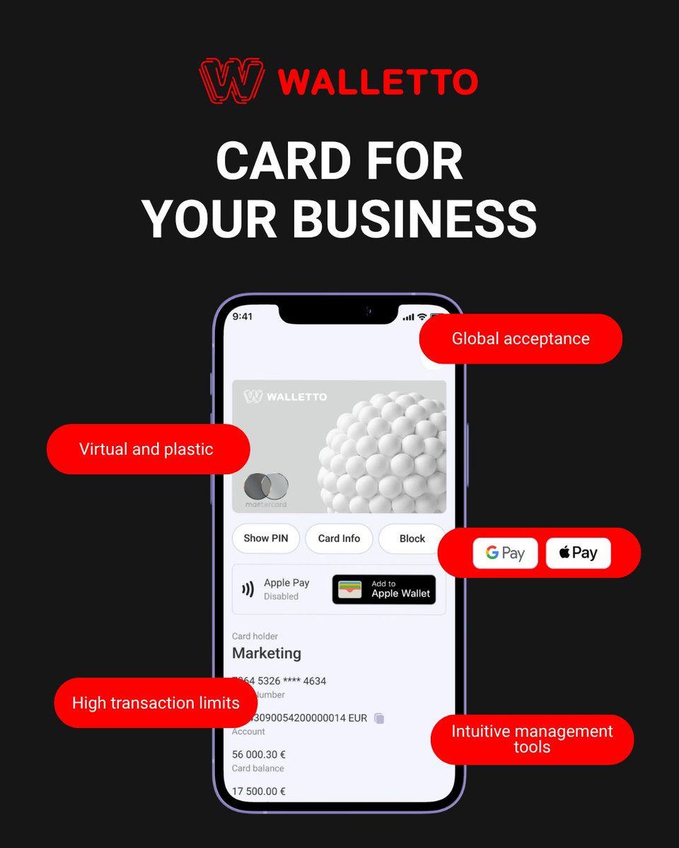 Walletto_UAB's tweet photo. 💳You can get a virtual business card in seconds or order a plastic card via our internet banking and mobile app. All cards support #ApplePay and #GooglePay, have high transaction #limits, and give you access to @Mastercard Business Bonus programme. https://t.co/beWKGE7rBg