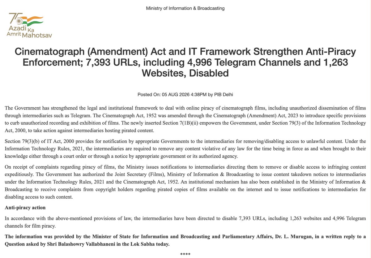 DDNewslive's tweet photo. Cinematograph (Amendment) Act and IT Framework Strengthen Anti-Piracy Enforcement; 7,393 URLs, including 4,996 Telegram Channels and 1,263 Websites, Disabled

The information was provided by the Minister of State for Information and Broadcasting and Parliamentary Affairs, @DrLMurugan, in a written reply to a Question asked by Balashowry Vallabhaneni in the Lok Sabha today.

@MIB_India #CinematographAct #MonsoonSession #ParliamentSession