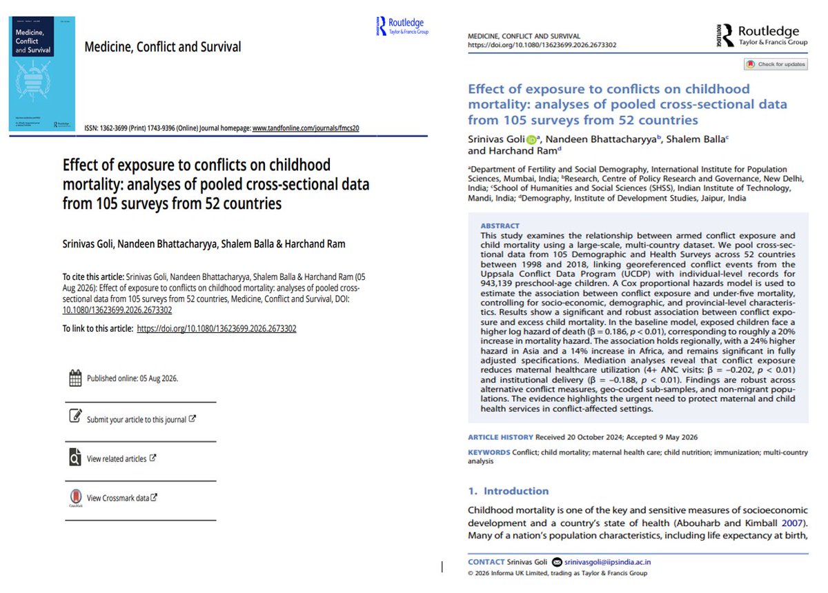 Harchand_Ram1's tweet photo. 🌍 New Publication in #Medicine_Conflict_Survival (#TaylorFrancis)
Children exposed to #conflict face #higher_risk of under-five mortality, using pooled analyses from 105 surveys across 52 countries
🔗 Read here:https://t.co/Mx65YS9BrA with @SrinivasGoli1 @ShalemBalla1 @NandeenB https://t.co/VtXGDYVBfZ