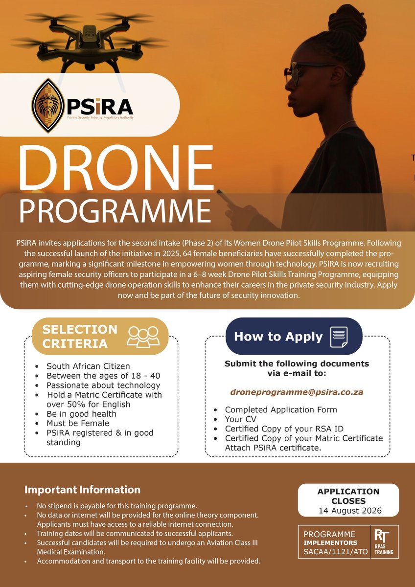 PSiRALive's tweet photo. Drone Pilot Skills Training Programme 

We have an exciting opportunity for aspiring female drone pilots.  

https://t.co/JpkDHMRy7e (Application form) https://t.co/3glx1pxESS