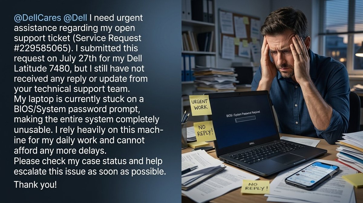 shpoon1919's tweet photo. @DellCares and @Dell I need urgent assistance regarding my open support ticket (Service Request #229585065). I submitted this request on July 27th for my Dell Latitude 7480, but I still have not received any reply or update from your technical support team. My laptop is currently stuck on a BIOS/System password prompt, making the entire system completely unusable. I rely heavily on this machine for my daily work and cannot afford any more delays. Please check my case status and help escalate this issue as soon as possible.
Thank you!
#BIOS #Dell #DellTechnicalSupport #Techniclasupport