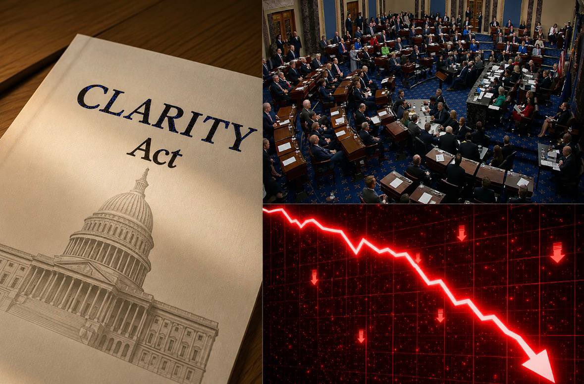 cryptorover's tweet photo. 🚨 ONLY 48 HOURS LEFT FOR THE CRYPTO'S MOST IMPORTANT BILL.

Today's Senate calendar doesn't include the Clarity Act.

This means there are only 2 days left to put the bill on the voting floor before the August recess.

A failure to pass before recess means Clarity will most likely not become law in 2026.