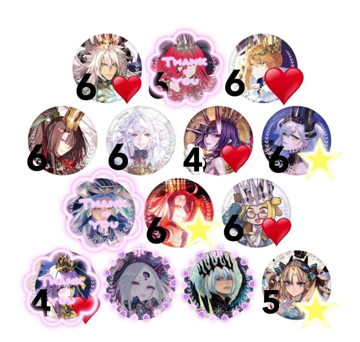 Alice_05_01's tweet photo. 【交換・譲渡】 FGO 星見の回廊 グランドクラス 缶バッジ

譲）画像参照

求）オベロン >>アビゲイル(友人分)or定価＋送料

〇☆はオベロンとの交換のみ
〇無印→オベロン含む交換 or♥️を同数お迎え
〇♥️→アビゲイルと単体交換or譲渡可
〇8/8・22現地手渡しor8/8以降郵送

お気軽にお声掛けください！ https://t.co/mLa6NMambN