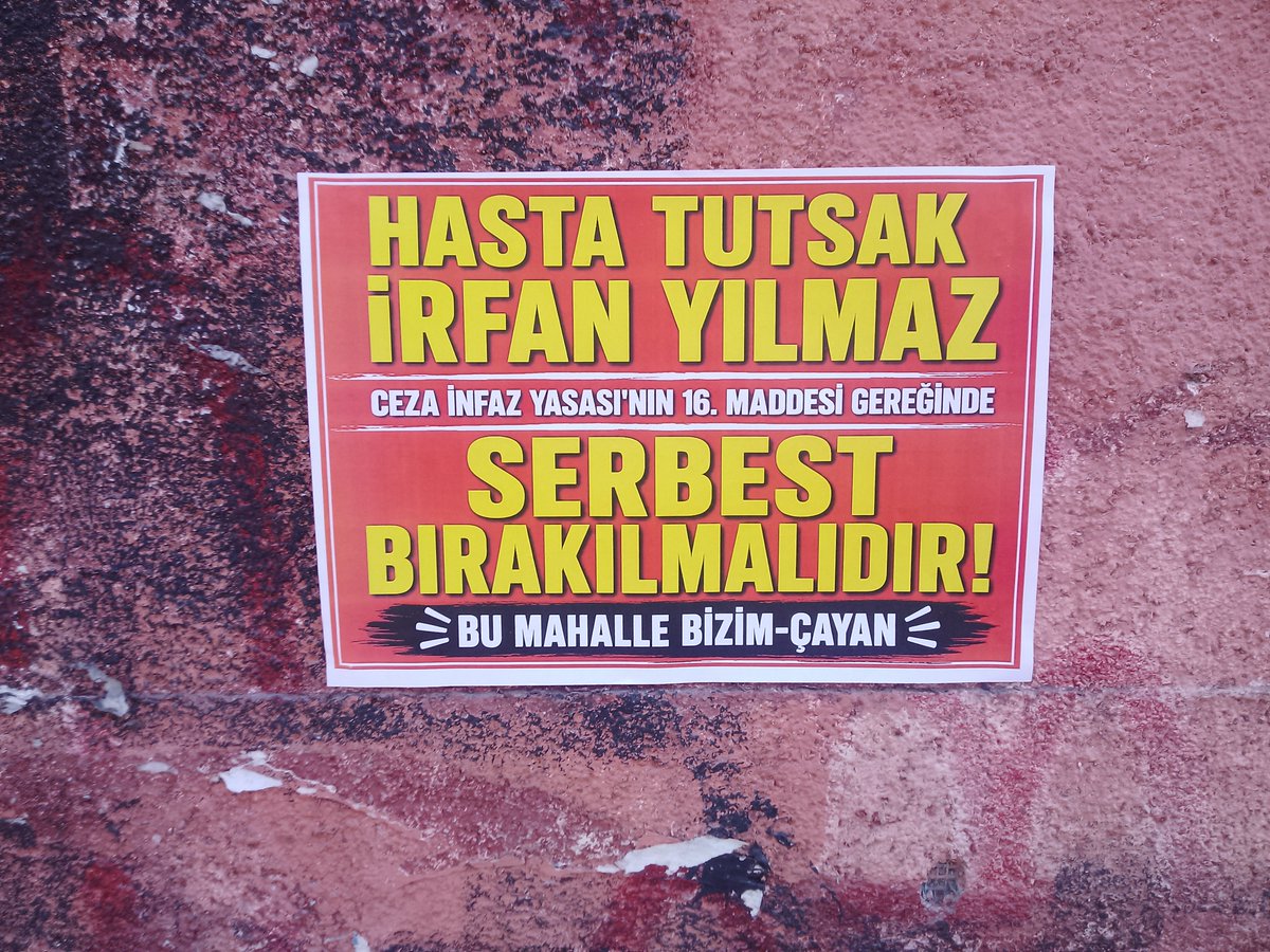cayanbizim's tweet photo. BU MAHALLE BİZİM-ÇAYAN 
Hasta tutsak irfan Yılmaz ceza infaz yasası'nın maddesi gereğinde serbest bırakılmalıdır @3tayadliaileler @Okmburasi @ho_kurtulus @yildizmodatoly8 @KadikyHalkx7 @sariGazi0 https://t.co/aKQHkXFG4v