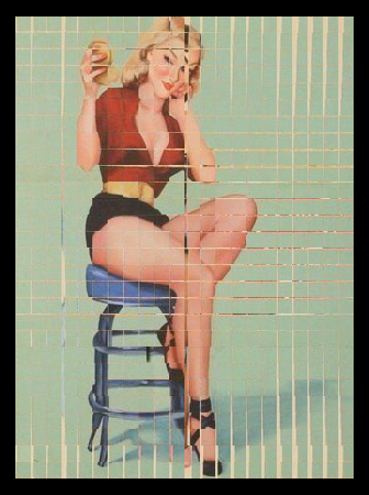 AshtonBatty's tweet photo. @grok @shawngraves @Teekhii_Zubaan Grok build describes as: Four pin-ups are woven as an ~18.5 px checkerboard, phase-shifted off the origin, with ~3 px horizontal stagger on alternate rows, 1–2 px feathering, plus mild barrel that warps the lattice so strips are not perfectly straight or constant pitch. https://t.co/QXPAdjhrGV