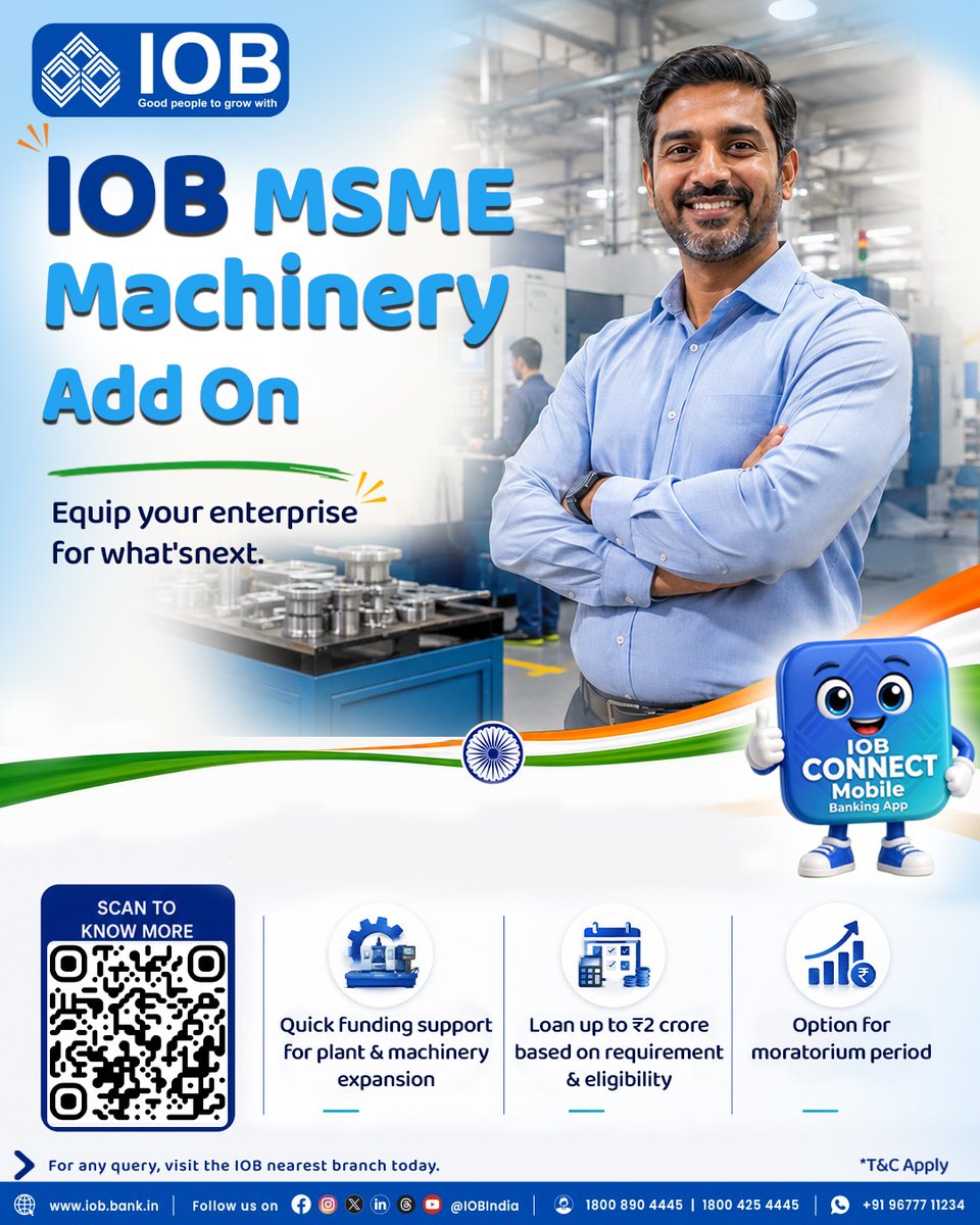 IOBIndia's tweet photo. Visit: https://t.co/7piC5hmMbU

Take your enterprise to the next level with financing designed to support your growth journey. ​

Explore IOB MSME Machinery and discover solutions that help strengthen operations and drive long-term success.​

#MSME #BusinessGrowth #Manufacturing
#EnterpriseDevelopment #BusinessFinance #IOB #IndianOverseasBank #GoodPeopleToGrowWith #DFS #RBI #IOBForYou