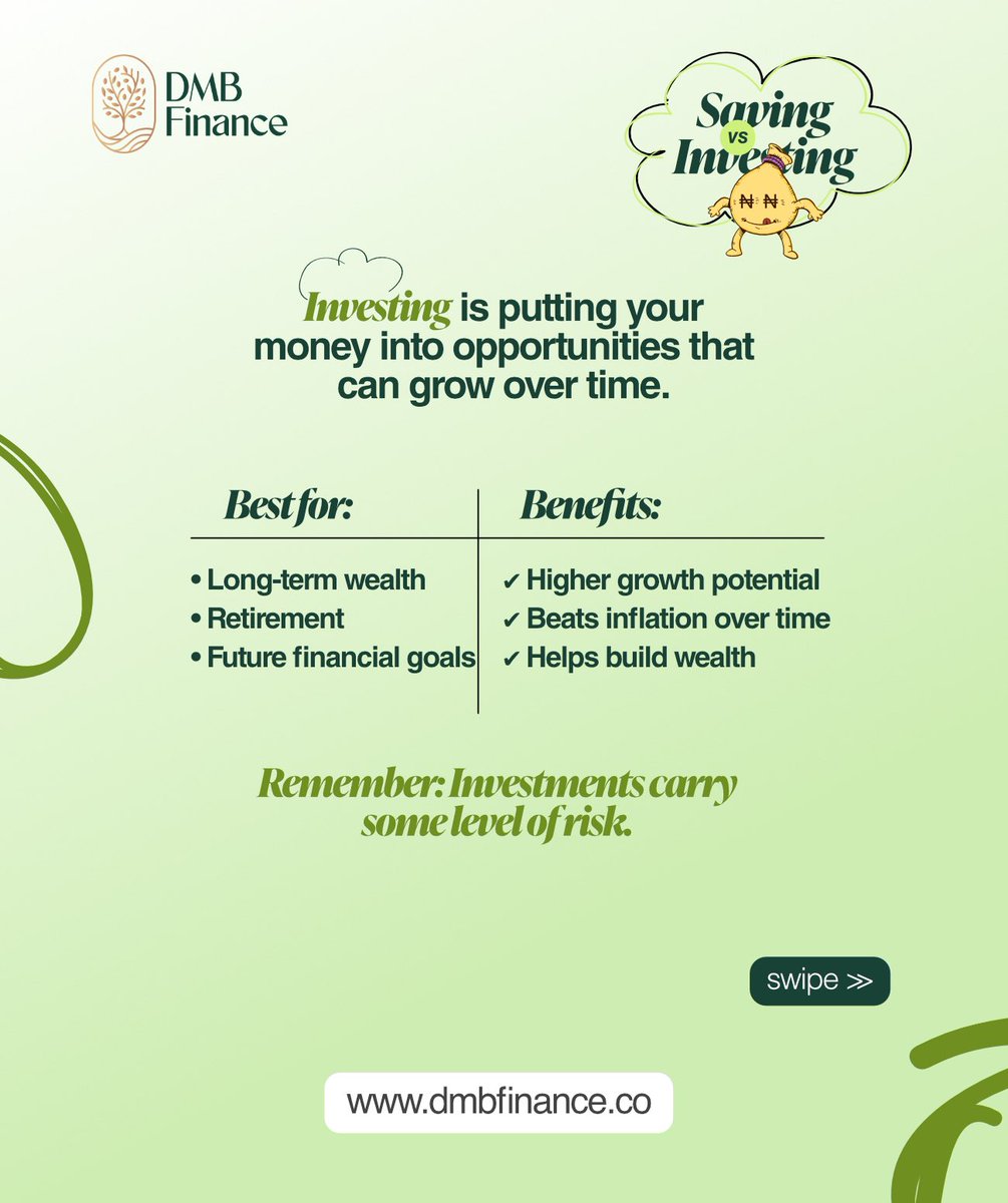 DMB_Finance's tweet photo. Saving protects your money.
Investing grows your money.
Do you know the difference between saving and investing? Both are important, but understanding when to use each one can help you build lasting wealth.

#FinancialEducation #Investing101 #Savings #FinanceMadeEasy #DMBfinance https://t.co/TrZNRiPR0N