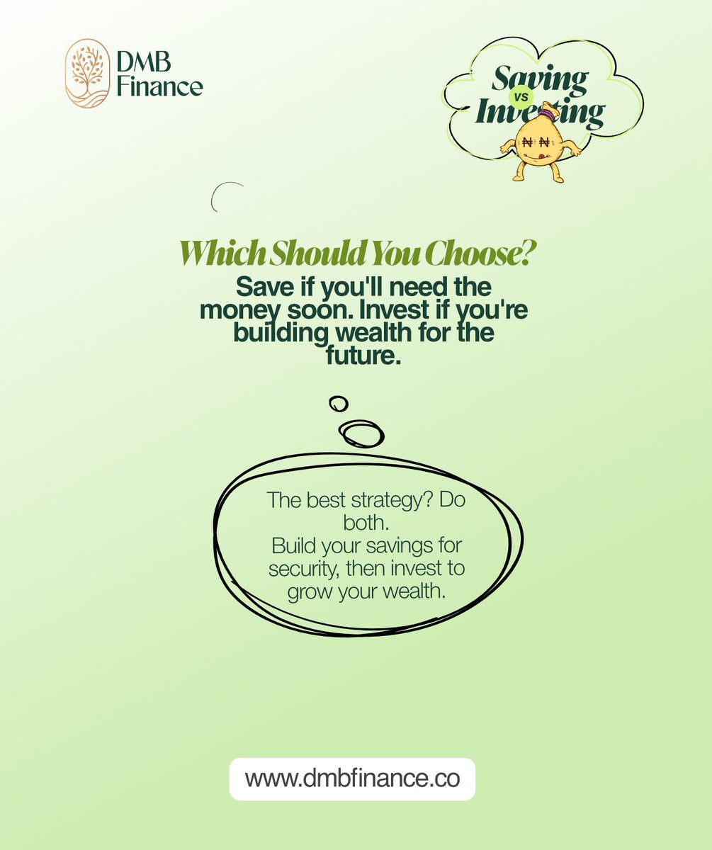 DMB_Finance's tweet photo. Saving protects your money.
Investing grows your money.
Do you know the difference between saving and investing? Both are important, but understanding when to use each one can help you build lasting wealth.

#FinancialEducation #Investing101 #Savings #FinanceMadeEasy #DMBfinance https://t.co/TrZNRiPR0N