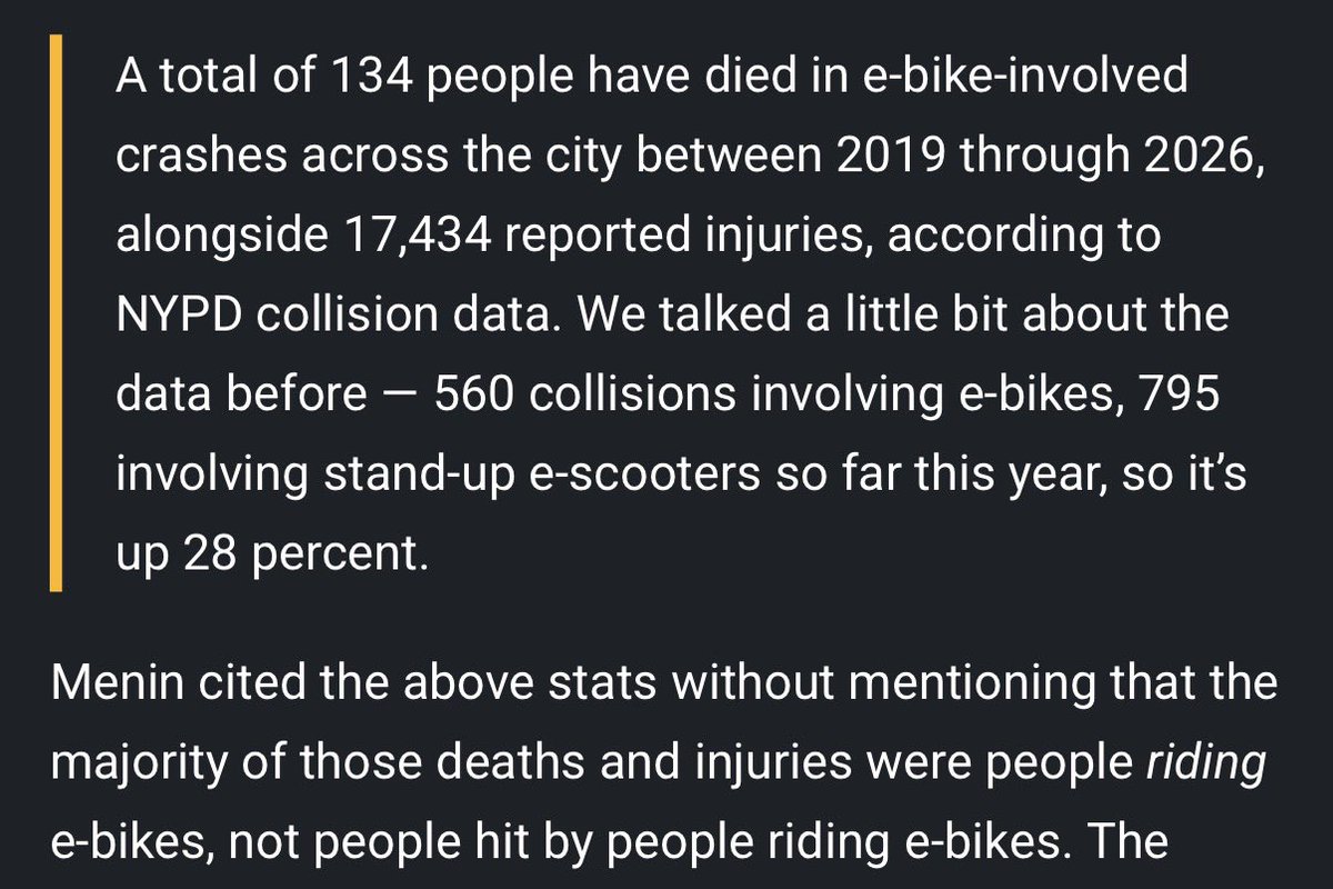jackplobel's tweet photo. Why is Streetsblog arguing that people riding e-bikes deserve to die more than pedestrians? https://t.co/nuiKCNDHgN