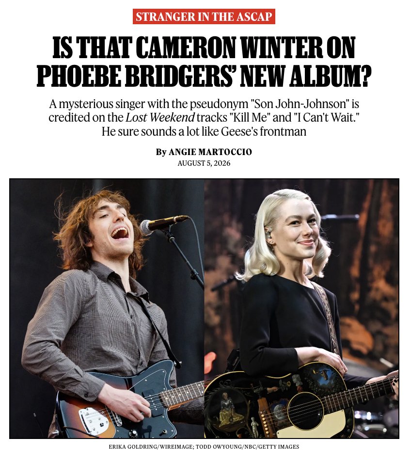 RollingStone's tweet photo. Who is “Son-John Johnson,” the mysterious guest vocalist on Phoebe Bridgers’ new album? He sure sounds a lot like Geese’s Cameron Winter.

“I’ll have to contact my lawyer,” Winter tells Rolling Stone with a laugh.

Read: https://t.co/kI6wpLnjAv https://t.co/kt4RVc92qc