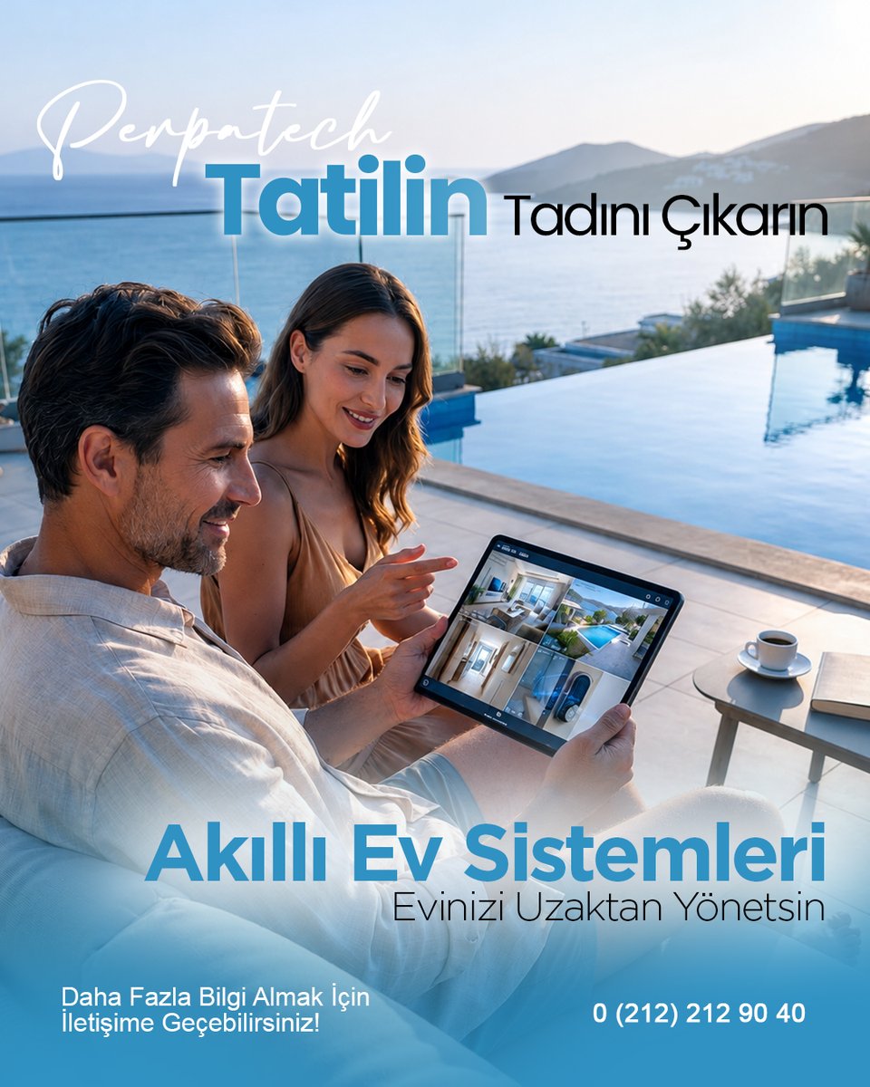 GroupSesa's tweet photo. Aklınız evde kalmasın, tatilin tadı yarım kalmasın! ☀️🌊

Siz şezlongunuzda dinlenirken, Perpatech Akıllı Ev Sistemleri evinizi 7/24 güvende tutar. Güvenlik kameralarından iklimlendirmeye, aydınlatmadan alarm sistemlerine kadar tüm kontrolü mobil cihazınızdan tek tıkla yönetin. https://t.co/utoxNSb95C