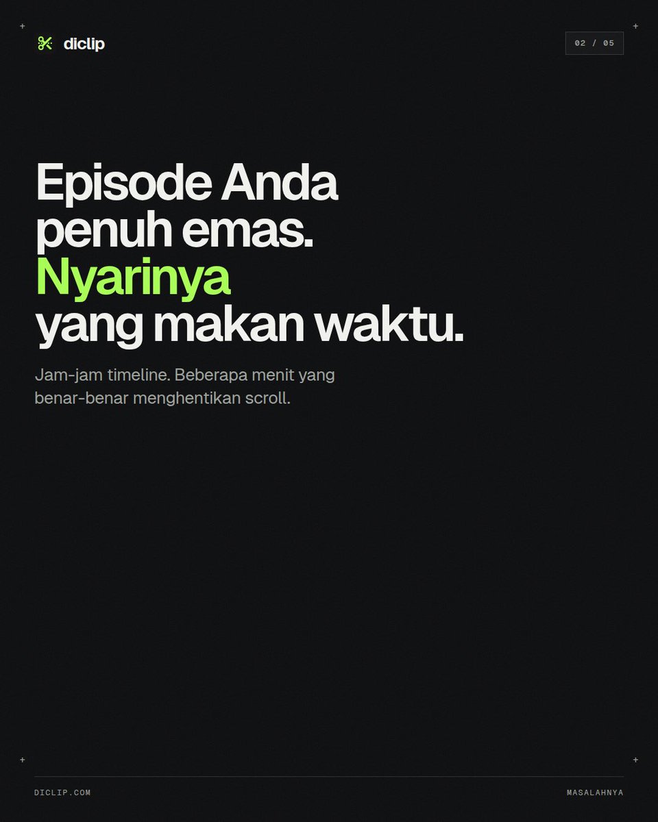 dicl_ip's tweet photo. Video panjang penuh momen bagus.

yang makan waktu? nyari 40 detiknya di timeline 2 jam.

buat podcaster, clipper, atau yang cuma mau share satu bagian. diclip kasih shortlist: hook, skor, alasan. bukan folder potongan acak.

Cobain gratis: https://t.co/M4D3TdN6C8 https://t.co/cfotBw1rVn