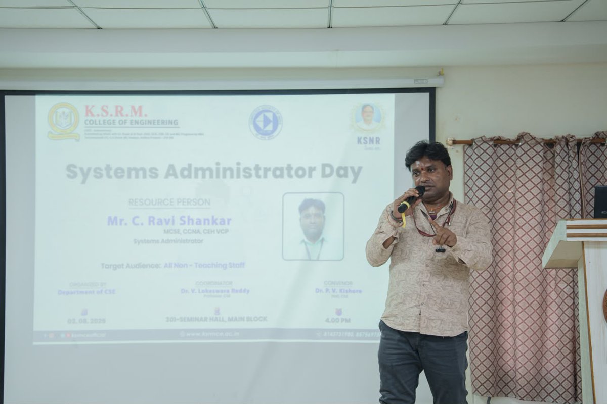 ksrmceofficial's tweet photo. The Dept. of CSE, K.S.R.M. College of Engineering (Autonomous) celebrated Systems Administrator Day on 03 Aug 2026 for non-teaching staff.
#KSRMCE #SystemsAdministratorDay #CSE #ITInfrastructure #SystemAdministrator #Technology #HigherEducation #CampusLife https://t.co/3EsSo4zaPK
