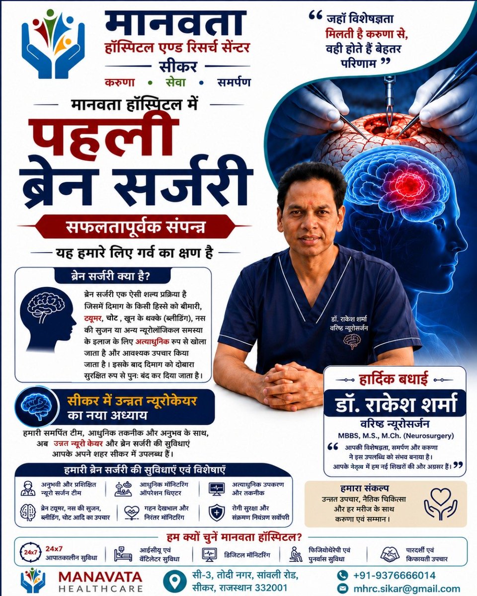 ManavataHCSikar's tweet photo. 🧠 गर्व का क्षण!
मानवता हॉस्पिटल, सीकर में पहली ब्रेन सर्जरी सफलतापूर्वक संपन्न हुई। इस ऐतिहासिक उपलब्धि पर डॉ. राकेश शर्मा एवं पूरी टीम को हार्दिक बधाई। 🌟🏥

#ManavataHospital #BrainSurgery #Sikar #Neurosurgery #Healthcare https://t.co/Mh8FkoOCiM