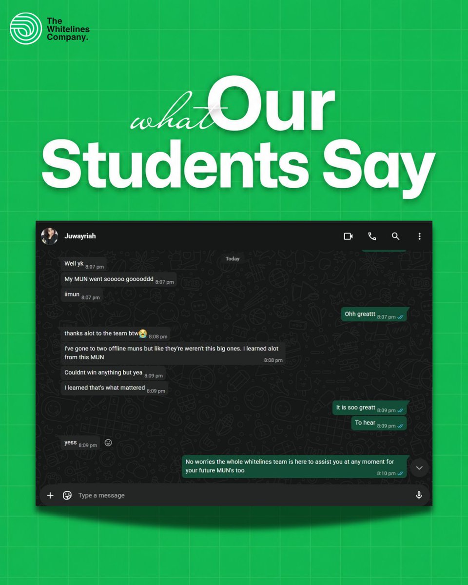 whitelines30's tweet photo. Read this. 🥹💚

This is why we do what we do.

No award. No trophy. Just a student who left more confident, learned more, and can't wait for the next MUN.

That's a win in our books.

#StudentVoices #TheWhitelinesCompany #MUN #PublicSpeaking #Leadership https://t.co/Hc8VZATkQH