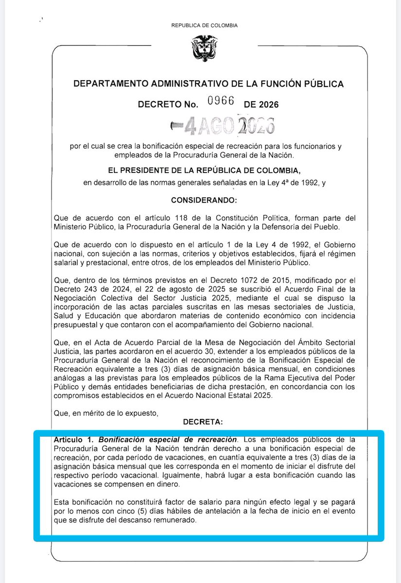 USCTRABCOLOMBIA's tweet photo. Bonificación especial de recreación para los empleados públicos de la procuraduría, Acuerdo de la Negociación Estatal 2025.
#procuraduria #NegociacionColectiva #EmpleadosPublicos https://t.co/nWZYK2Tf9V