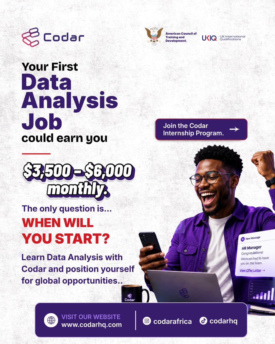 codarnigeria's tweet photo. Your first Data Analysis role could be the start of a global career.

Learn practical, in-demand skills with Codar and prepare for opportunities in today’s data-driven world.

Start today. https://t.co/ukEn4XCnt6