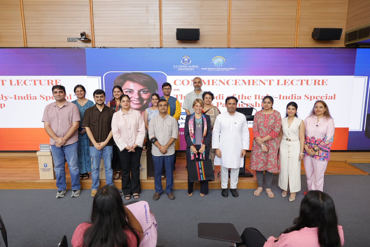 sreeramchaulia's tweet photo. It was an honour for @JindalGlobalUNI’s @JSIAJindal to host the Deputy Ambassador of Italy, Aurora Russi, for this year’s Commencement Lecture to more than 130 newly admitted students. She emphasised that the recently elevated ‘special strategic partnership’ between #Italy and #India is based not just on shared interests but on a desire to build something together for the future at the bilateral, regional and global levels. The #Melodi of @GiorgiaMeloni and @narendramodi is opening new frontiers in #defence, #space, #connectivity, #technology and #education between the two sides and will help to usher in a #multipolar world order where the #EuropeanUnion, of which Italy is a key member, takes its position as a ‘pole’ alongside India. We thank the Deputy Ambassador for inspiring freshers at the start of their university life!