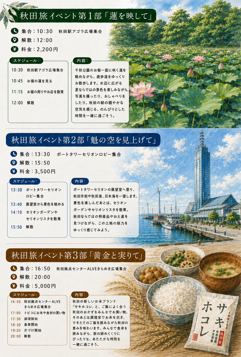 kobayashiteruya's tweet photo. 【秋田旅イベント】

8/8（土）
■ 朝
　第1部「蓮を映して」
■ 昼
　第2部「魁の空を見上げて」
■ 夜
　第3部「黄金と実りて」

水クレ初となる秋田遠征の旅イベントは、もちろん和泉プロデュース！
秋田駅を中心に、想い出の地を巡ります。第3部は秋田の新しいお米ブランド「サキホコレ」を食するご飯イベント🌾

現地
https://t.co/TqdKvh5Y80

宿題チェキ
https://t.co/nBzlUOEH3h

▼ 宿題チェキとは
あなたのニックネームをメンバーにお伝えし、あなたに向けたソロチェキを旅イベントの各部中に撮影！「宿題チェキ」ではサインと書き込み、「宿題録音チェキ」では30秒ほどの音声メッセージが聞けるQRコードをつけて、後日発送！
※ 添付画像もご参照ください。
