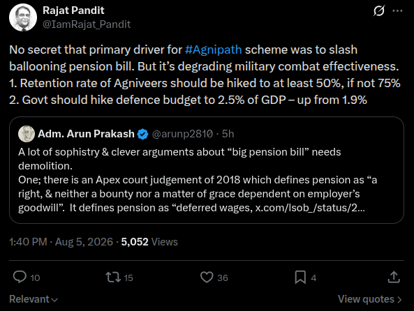 JaidevJamwal's tweet photo. All major armies round the world have short service and conscription like Agnipath. Examples include USA, China, South Korea, Israel, Russia and many others.

Can anyone share why only only Indian soldiers are considered incapable of discharging their duties skillfully in short service? More so when officer's SSC is for 5-10 years and colour service period for jawans was 7-10 years before 1975? 

IMO, it is just a reflection of pakki sarakri naukri trope ingrained permanently into Indian gobarment dependent population.

Geniuses coming up with "JooAssA lost Afghan, Vietnam war etc etc" or "discharged young soldiers will misuse training" please buzz off.