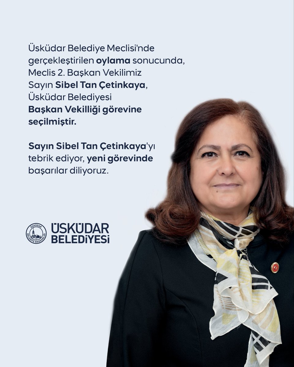 uskudarbld's tweet photo. Üsküdar Belediye Meclisi'nde gerçekleştirilen oylama sonucunda, Meclis 2. Başkan Vekilimiz Sayın Sibel Tan Çetinkaya, Üsküdar Belediyesi Başkan Vekilliği görevine seçilmiştir.

Sayın Sibel Tan Çetinkaya'yı tebrik ediyor, yeni görevinde başarılar diliyoruz. https://t.co/NX0aytSl7B