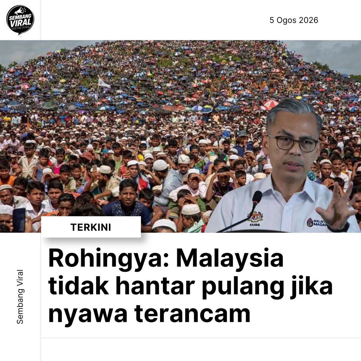 sembangviral26's tweet photo. Malaysia tidak akan menghantar pulang 5,000 pelarian Rohingya ke Myanmar sekiranya keselamatan dan nyawa mereka berisiko. Kerajaan akan meneliti semua aspek sebelum sebarang keputusan dibuat.

#Rohingya #Malaysia #Myanmar https://t.co/sZRKmy7F08