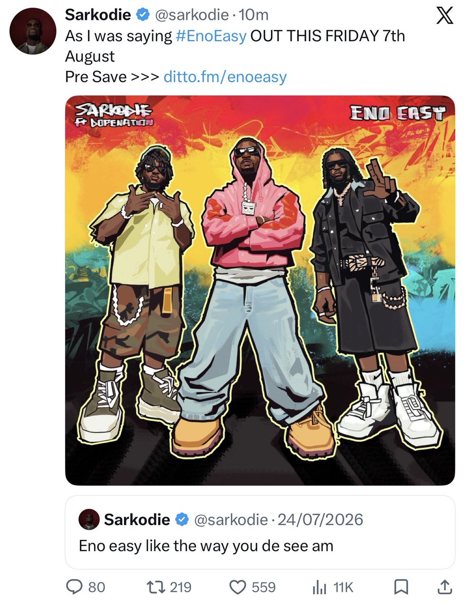 Donsarkcess's tweet photo. Sarkodie - Eno Easy ft @GhDopeNation out this Friday 😂😂😂🔥🔥🔥🔥🔥 #EnoEasy https://t.co/XuCOguFL4B
