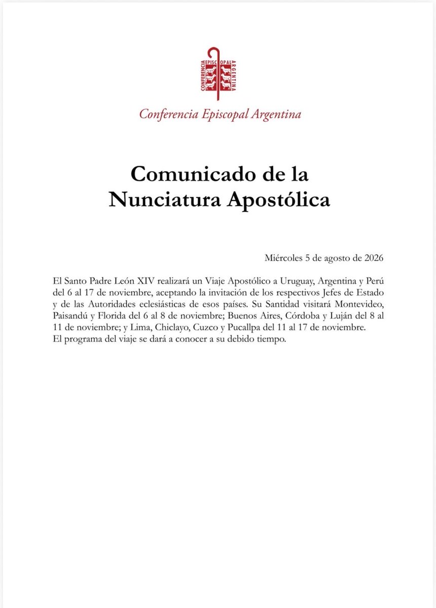 PadreLGaspar's tweet photo. El Papa León XIV realizará su primer viaje apostólico a América del Sur del 6 al 17 de noviembre, con a la visita a tres naciones del cono sur: Uruguay, Argentina y Perú.

Es un “regreso a casa”, no solo una gira papal. León XIV — @Pontifex_es — vivió más de dos décadas en Perú🇵🇪 https://t.co/6dJQWoOabp