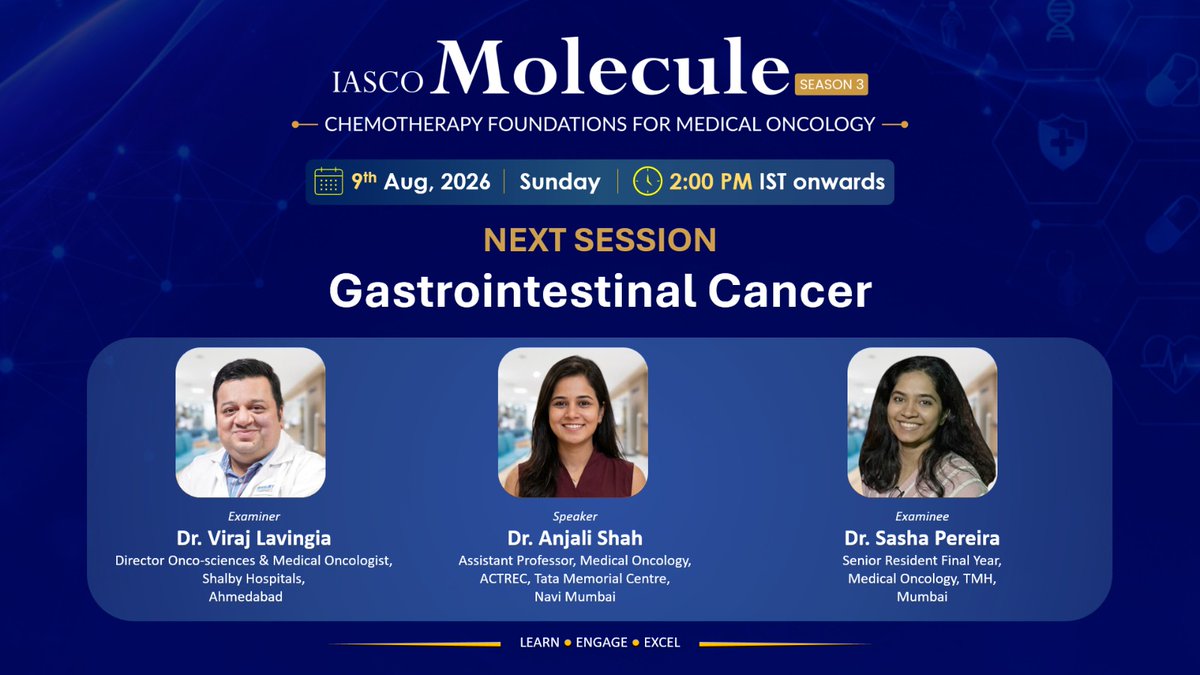 IASCOMolecule's tweet photo. Join us for the next MOLECULE – Chemotherapy Foundations Session Gastrointestinal Cancer where we dissect chemotherapy concepts with clinical reasoning.📆9th August 2 PM IST
#Molecule #OncologyFellows #IASCO #Chemotherapy #DM #DrNB #YoungOncologists #MedEd #GastrointestinalCancer https://t.co/UnIIx6hbZt
