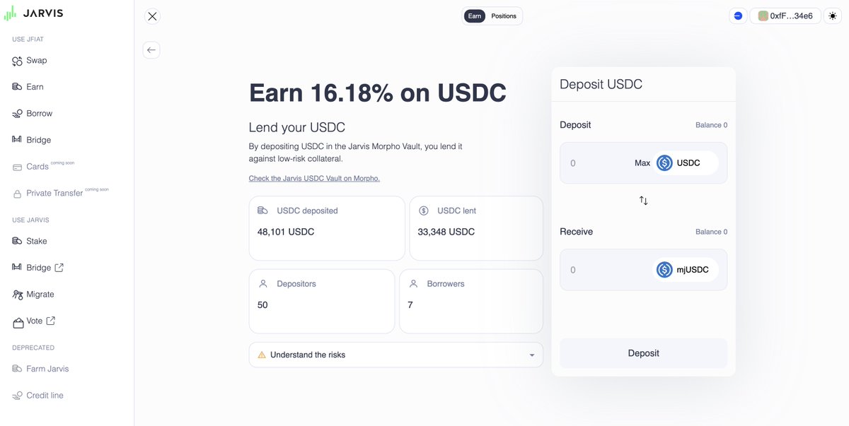 Jarvis_Network's tweet photo. Depsitors in our USDC Vault on Base are earning 16% APR on USDC, against PT sjEUR and sjEUR.

https://t.co/yfyiQtWvOW https://t.co/dhJAbm2B58