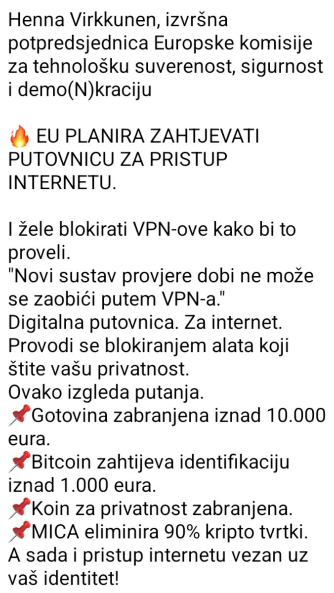 SrpskiInfoStab's tweet photo. ЕВРОПСКА УНИЈА ЖЕЛИ УВЕСТИ ДИГИТАЛНИ ПАСОШ ЗА ПРИСТУП ИНТЕРНЕТУ
Реално, може га увести до краја 2027 године, до када се планира да сва физичка и правна лица са пребивалиштем у ЕУ добију обавезан дигитални идентитет (ИД).
Не треба имати илузије да обавезни ИД неће стићи и код нас. https://t.co/tNErNlv9eq