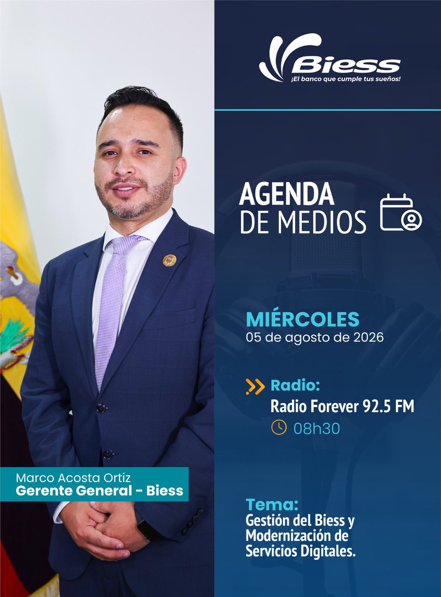 BiessEcuador's tweet photo. #BiessEnMedios Sintoniza la entrevista de nuestro Gerente General, Marco Acosta, quien compartirá detalles sobre la modernización de nuestros servicios digitales. 

⏰: 08h30
📻: Radio Forever 92.5 FM https://t.co/qucTCzMjJG