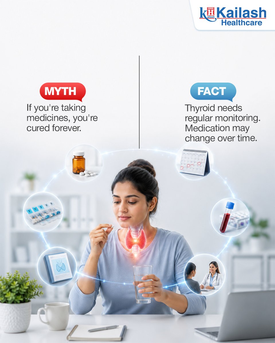 KailashHealth's tweet photo. Think you know everything about your #thyroid?
Don't let myths delay your health journey. Time to separate fact from fiction!
Get your thyroid levels checked with expert guidance at Kailash Healthcare.
#ThyroidAwareness #ThyroidTalks #MythVsFact #HealthFirst #KailashHealthcare #ThyroidHealth