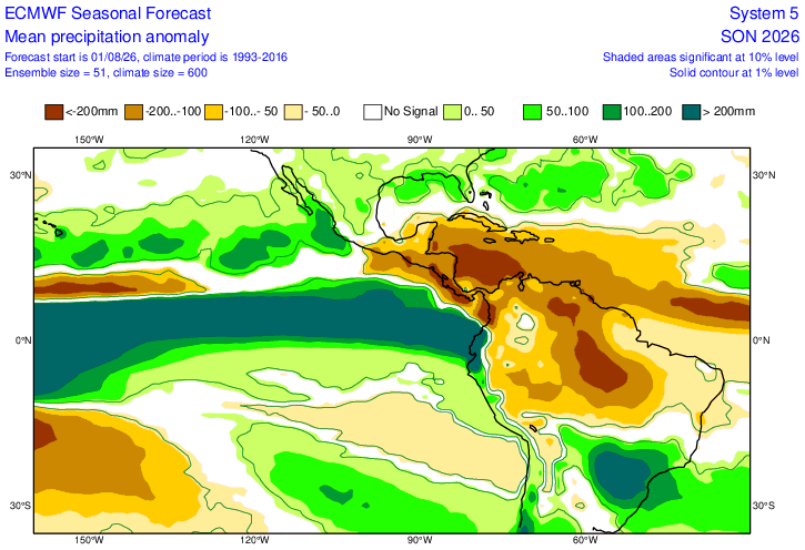 hombredeltiempo's tweet photo. El Modelo #Europeo actualizado hoy, muestra - como todos sus congéneres - lluvias importantes en la costa norte de ##Perú hacia el último trimestre.
Para #Chile la continuidad, por encima de lo normal, de lluvias para la zona central del país.
Para #Ecuador el inicio de la estación lluviosa con valores sobre lo normal para la costa de manera anticipada.
Los valores deben tomarse - en este punto - como una señal de excedencia o deficiencia (lluvias por encima o por debajo de lo normal). La deficiencia de lluvias afectaría la mayor parte del territorio peruano hacia fin de año, así como la sierra de #Bolivia.
#CentroAmérica, #Colombia , #Venezuela y el norte de #Brasil secos (deficientes en lluvia).
Todas estas señales, que se ven también en el modelo #Americano #CFSv2 son típicas de un evento mayor de #ElNiño.
Veremos.