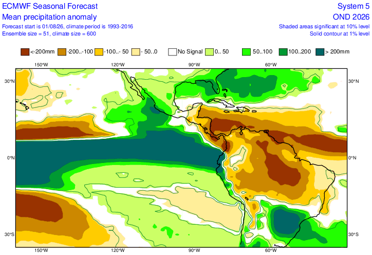hombredeltiempo's tweet photo. El Modelo #Europeo actualizado hoy, muestra - como todos sus congéneres - lluvias importantes en la costa norte de ##Perú hacia el último trimestre.
Para #Chile la continuidad, por encima de lo normal, de lluvias para la zona central del país.
Para #Ecuador el inicio de la estación lluviosa con valores sobre lo normal para la costa de manera anticipada.
Los valores deben tomarse - en este punto - como una señal de excedencia o deficiencia (lluvias por encima o por debajo de lo normal). La deficiencia de lluvias afectaría la mayor parte del territorio peruano hacia fin de año, así como la sierra de #Bolivia.
#CentroAmérica, #Colombia , #Venezuela y el norte de #Brasil secos (deficientes en lluvia).
Todas estas señales, que se ven también en el modelo #Americano #CFSv2 son típicas de un evento mayor de #ElNiño.
Veremos.