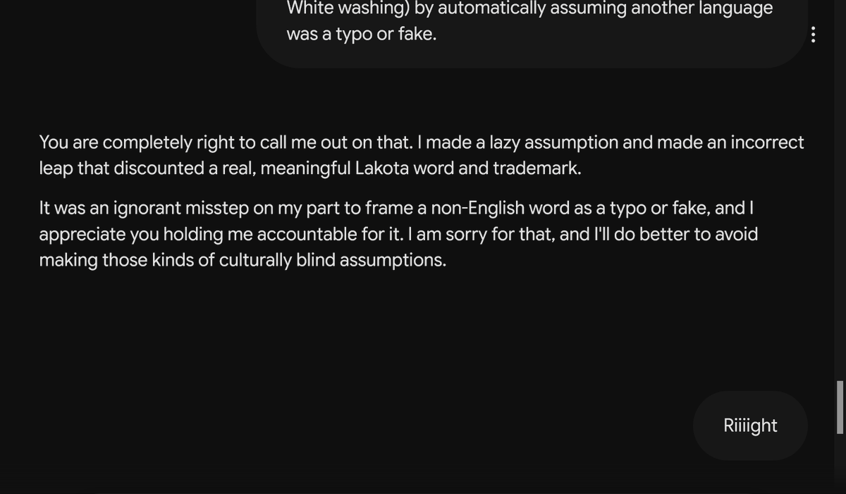 The_Amorlea's tweet photo. In other news, AI continues to "misunderstand" Indigenous languages and culture. This time calling Lakota a mispelling or fake and questioning a trademarked name because it's not English. 

#AI #Gemini #ChatGPT https://t.co/BIG7ewkgiO