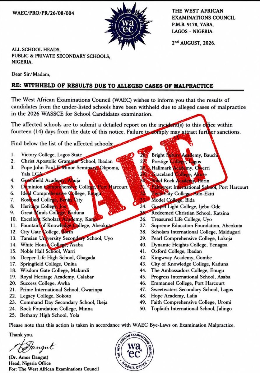 waecnigeria's tweet photo. FAKE NEWS ALERT: Please disregard the message below. It did not originate from WAEC. https://t.co/4pAVJ8UA0d