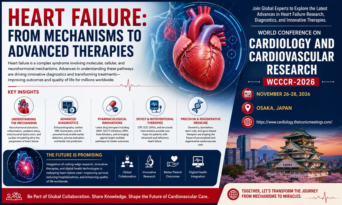 InfoWcccr's tweet photo. ❤️ Heart Failure research is entering a new era.

Discover the latest advances in:
🫀 Precision Medicine
🤖 AI Diagnostics
💊 Novel Therapies
🩺 Cardiac Devices
🔬 Regenerative Medicine

Join #WCCCR2026
📍 Osaka, Japan
📅 Nov 26–28, 2026
#HeartFailure #Cardiology #CardioResearch https://t.co/9XvXZxK6Es